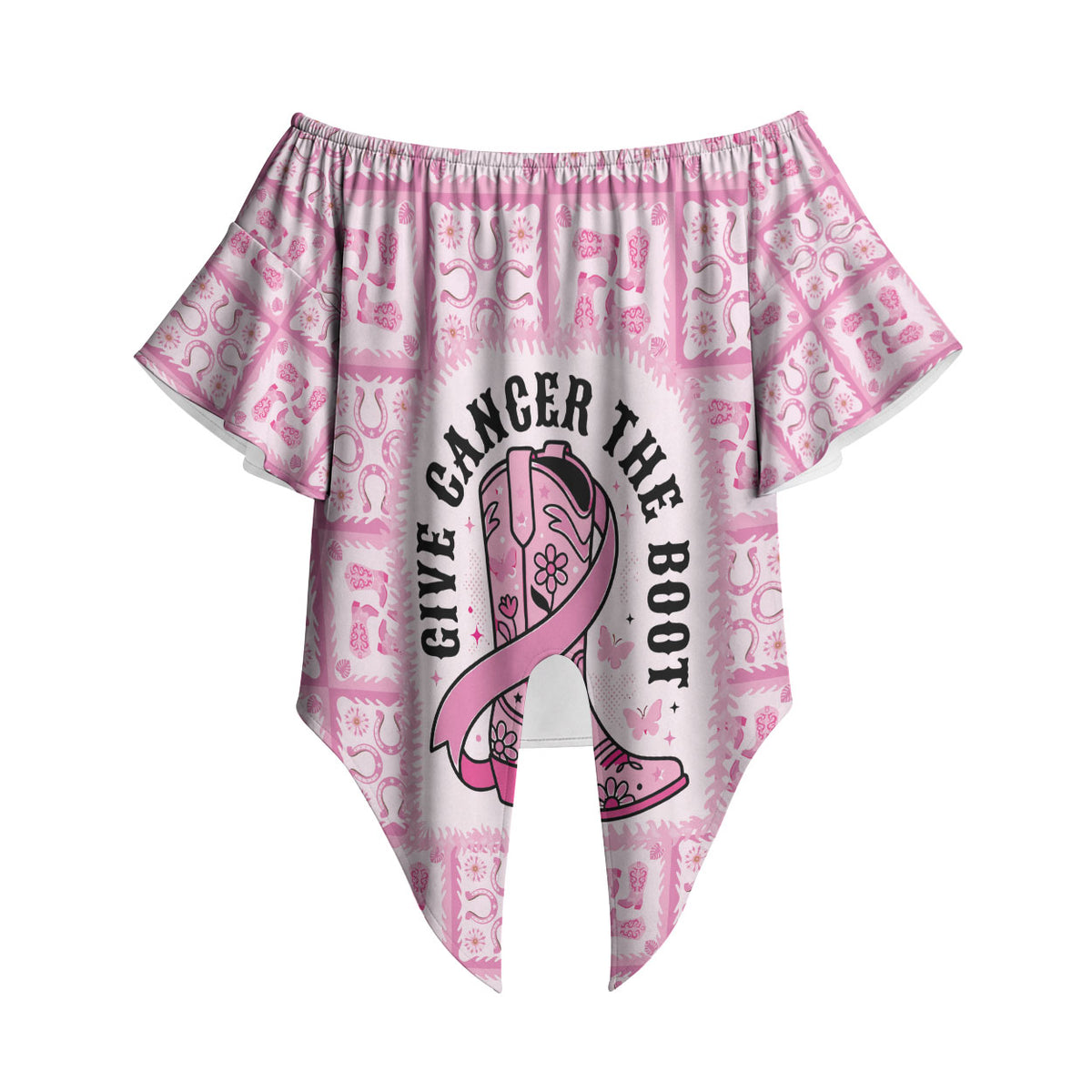 Give Cancer The Boot Pink Cowgirl Off Shoulder Wrap Waist Top Hawaiian Paniolo Mixed Quilt Pattern Style LT9 - Polynesian Pride