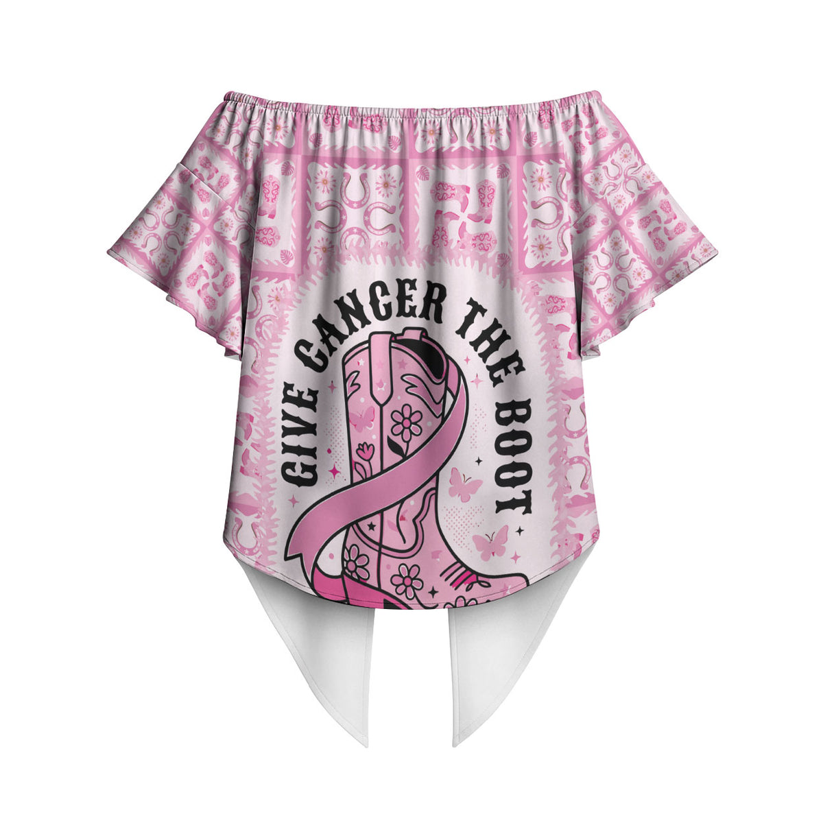 Give Cancer The Boot Pink Cowgirl Off Shoulder Wrap Waist Top Hawaiian Paniolo Mixed Quilt Pattern Style LT9 - Polynesian Pride