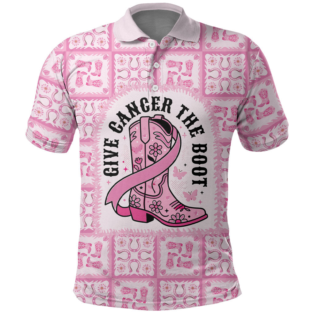 Give Cancer The Boot Pink Cowgirl Polo Shirt Hawaiian Paniolo Mixed Quilt Pattern Style