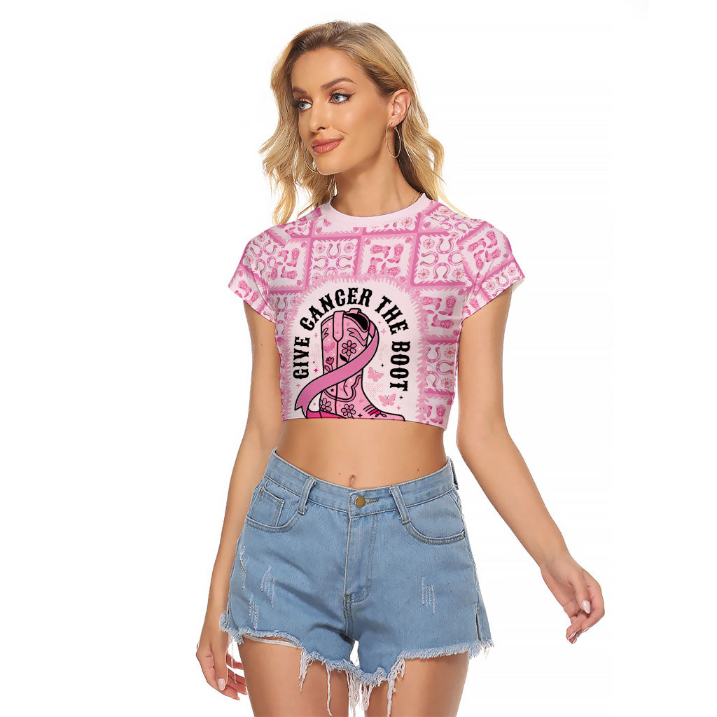 Give Cancer The Boot Pink Cowgirl Raglan Cropped T Shirt Hawaiian Paniolo Mixed Quilt Pattern Style LT9 Female Pink - Polynesian Pride