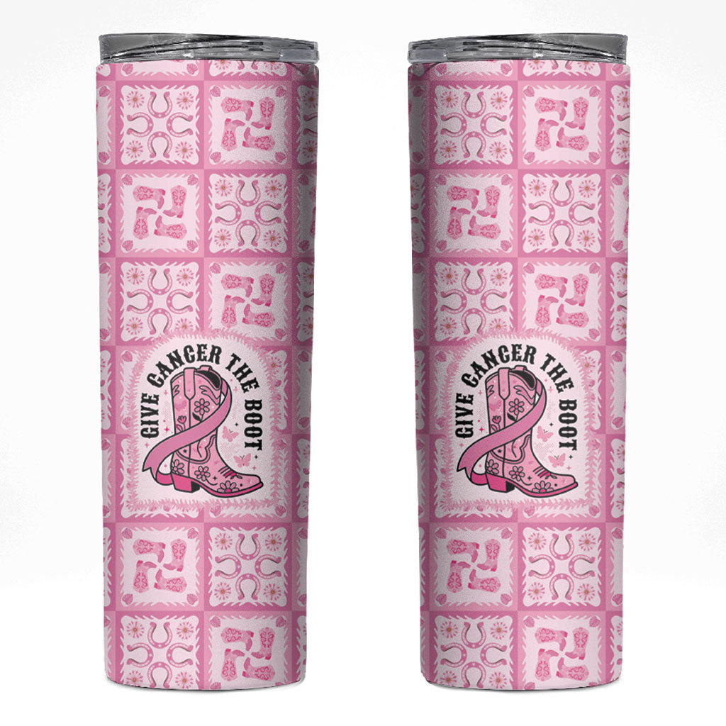 Give Cancer The Boot Pink Cowgirl Skinny Tumbler Hawaiian Paniolo Mixed Quilt Pattern Style