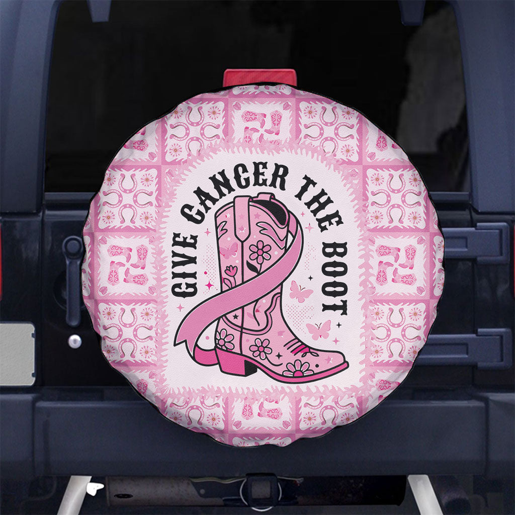Give Cancer The Boot Pink Cowgirl Spare Tire Cover Hawaiian Paniolo Mixed Quilt Pattern Style