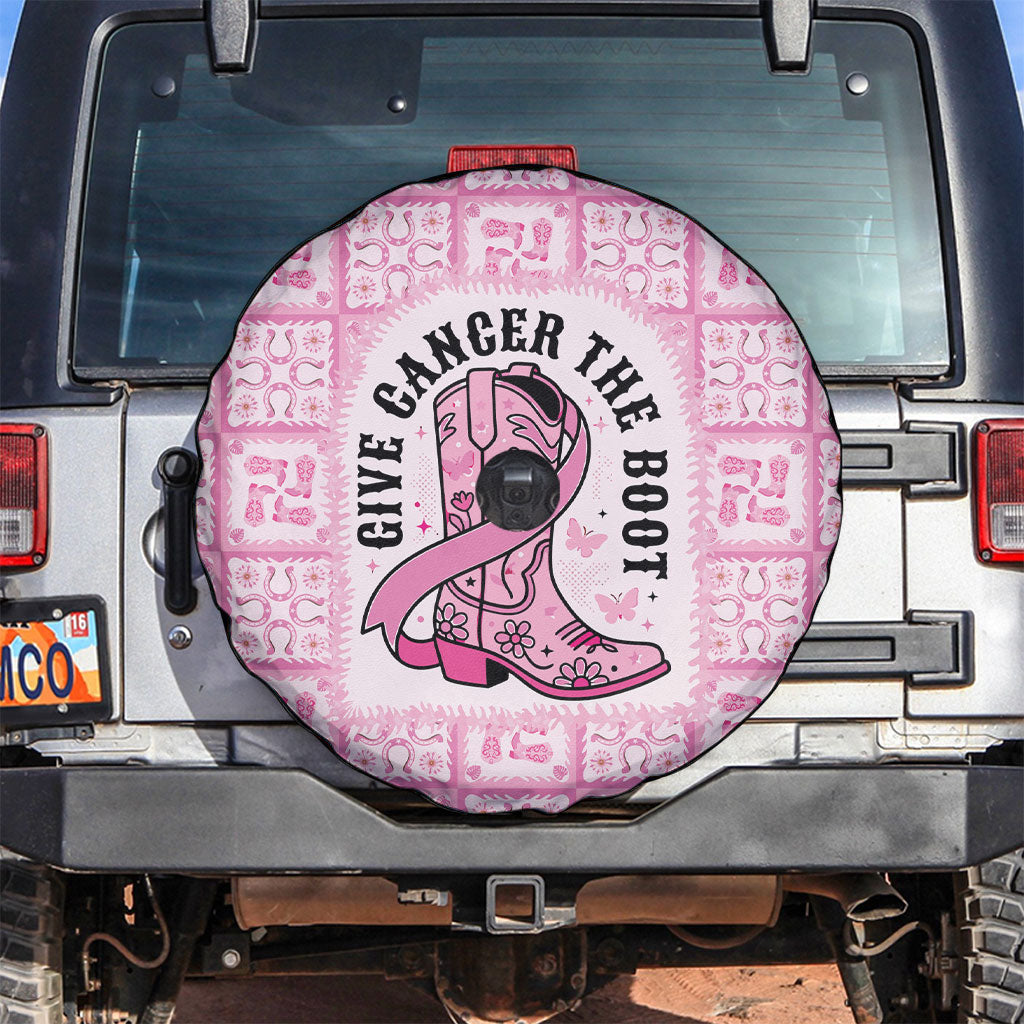 Give Cancer The Boot Pink Cowgirl Spare Tire Cover Hawaiian Paniolo Mixed Quilt Pattern Style LT9 Pink - Polynesian Pride