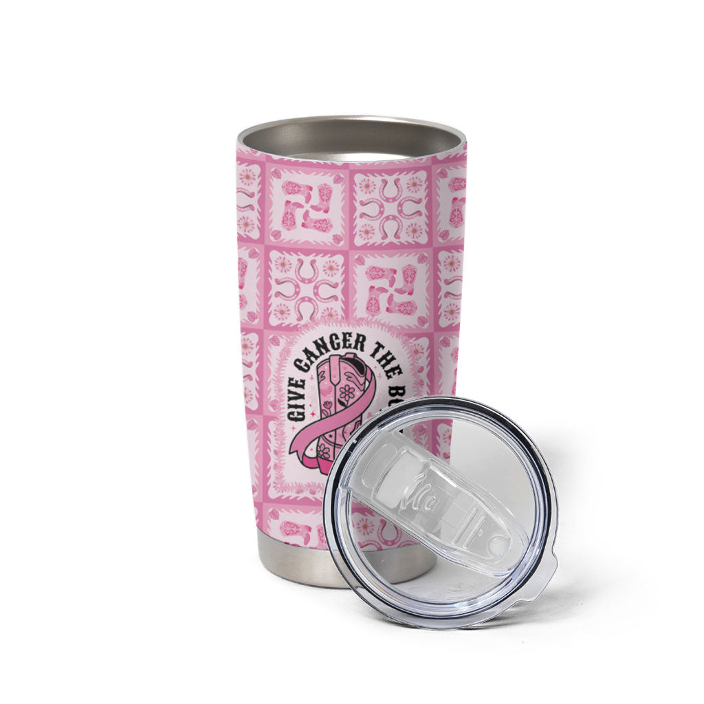 Give Cancer The Boot Pink Cowgirl Tumbler Cup Hawaiian Paniolo Mixed Quilt Pattern Style LT9 - Polynesian Pride