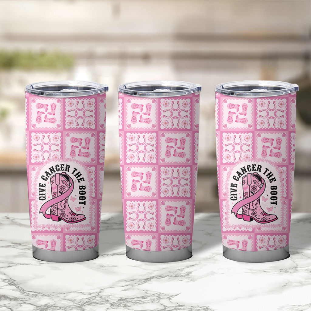 Give Cancer The Boot Pink Cowgirl Tumbler Cup Hawaiian Paniolo Mixed Quilt Pattern Style LT9 - Polynesian Pride