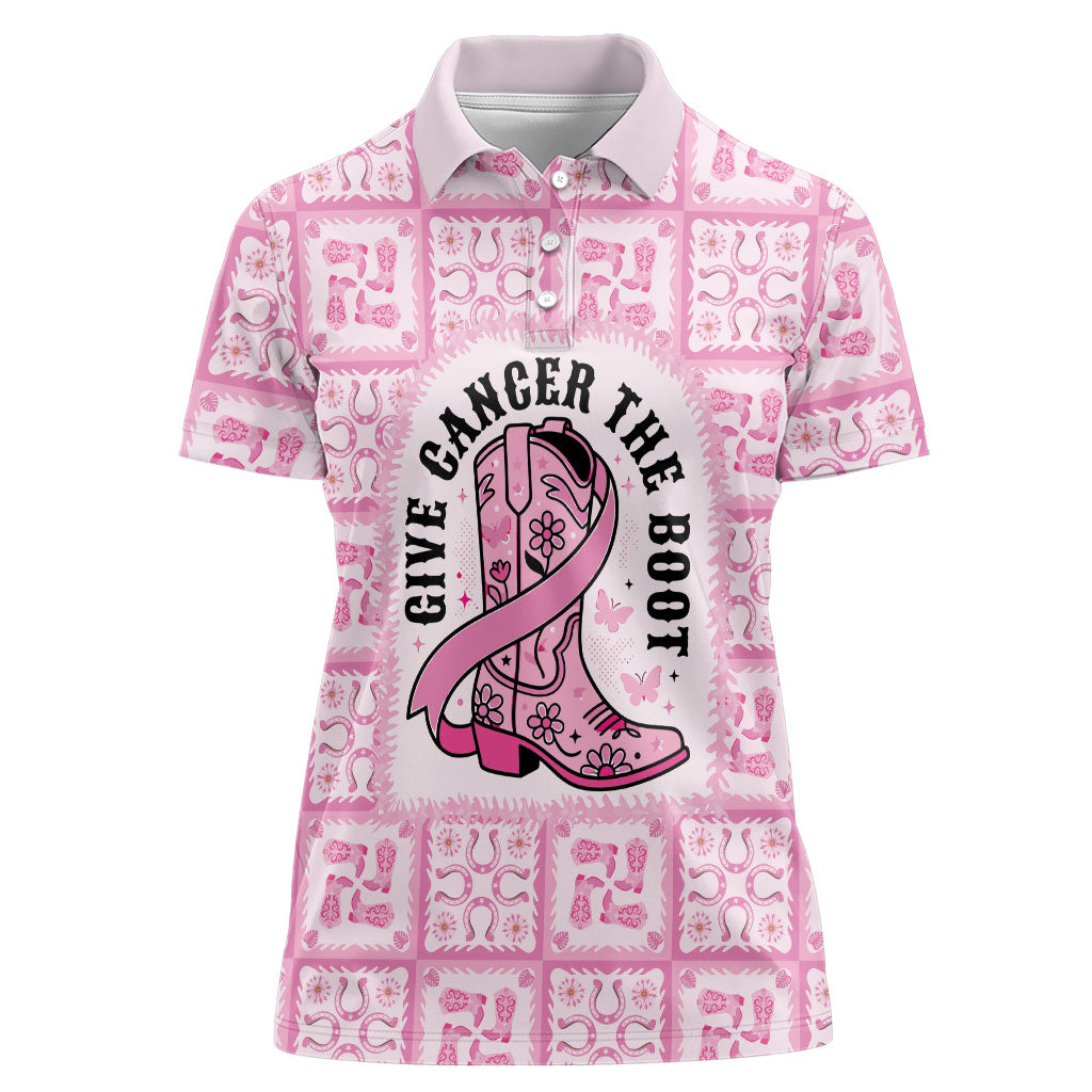 Give Cancer The Boot Pink Cowgirl Women Polo Shirt Hawaiian Paniolo Mixed Quilt Pattern Style
