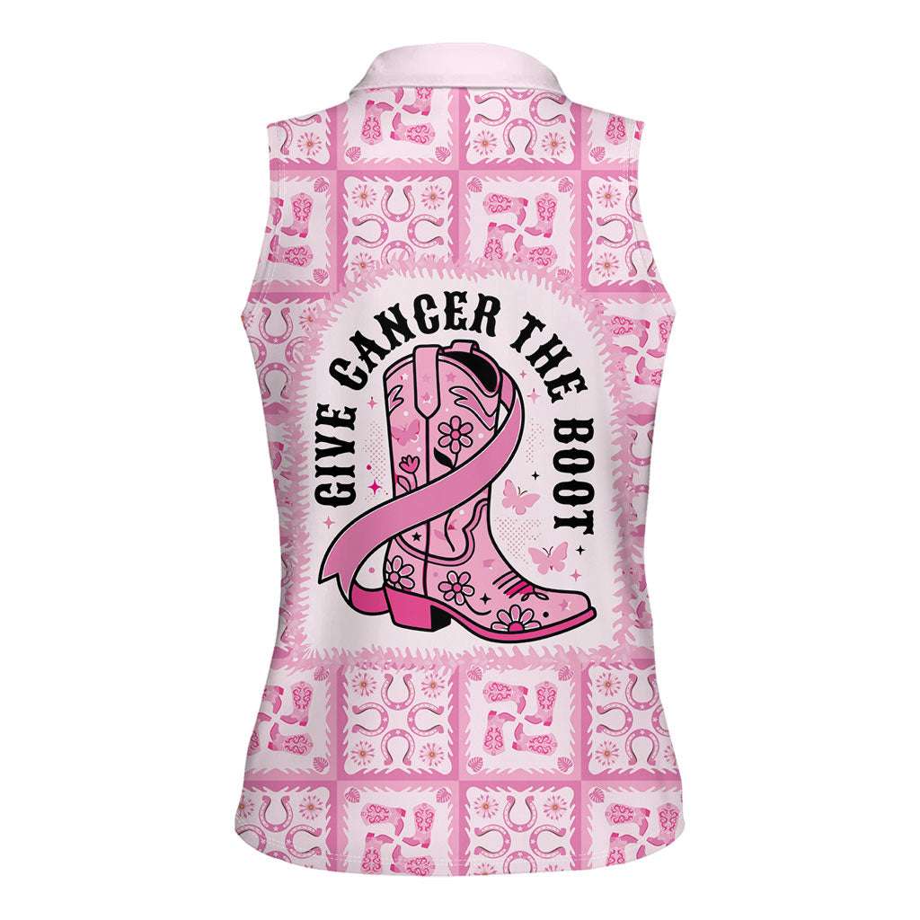 Give Cancer The Boot Pink Cowgirl Women Sleeveless Polo Shirt Hawaiian Paniolo Mixed Quilt Pattern Style LT9 - Polynesian Pride