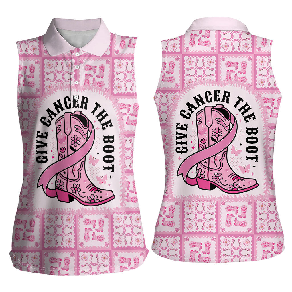 Give Cancer The Boot Pink Cowgirl Women Sleeveless Polo Shirt Hawaiian Paniolo Mixed Quilt Pattern Style LT9 - Polynesian Pride