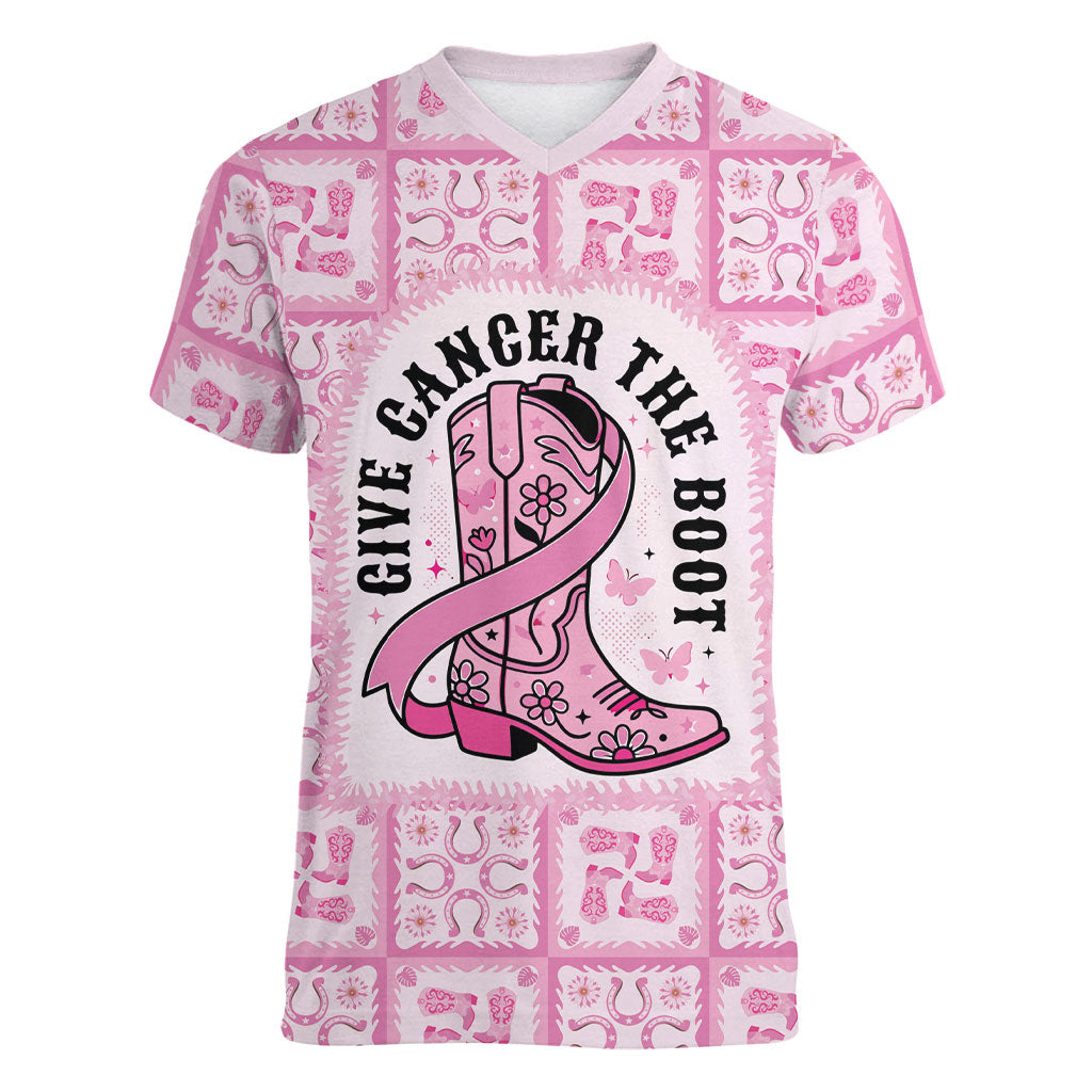 Give Cancer The Boot Pink Cowgirl Women V-Neck T-Shirt Hawaiian Paniolo Mixed Quilt Pattern Style