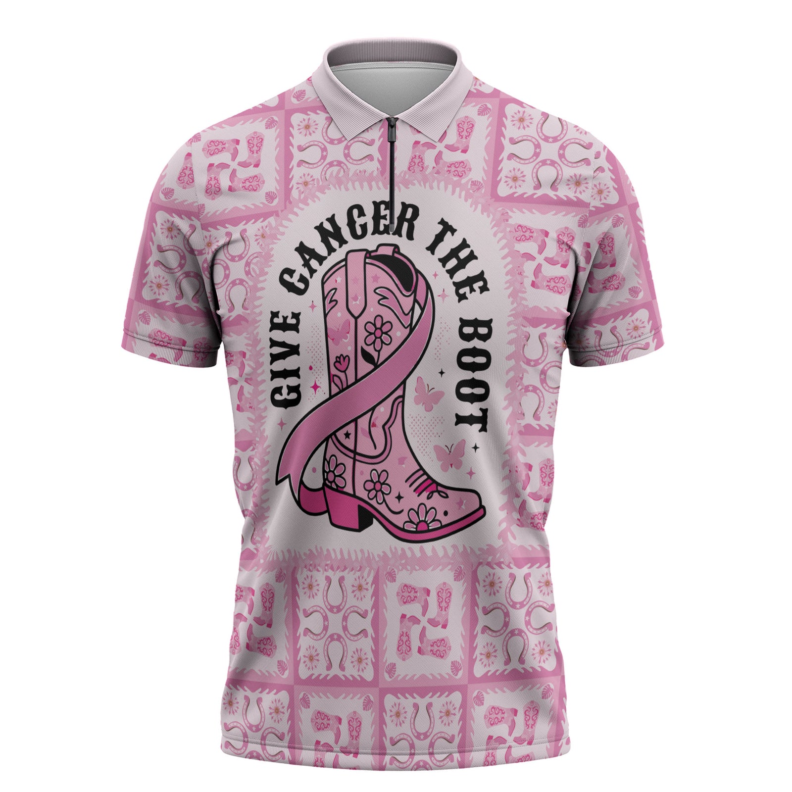 Give Cancer The Boot Pink Cowgirl Zipper Polo Shirt Hawaiian Paniolo Mixed Quilt Pattern Style