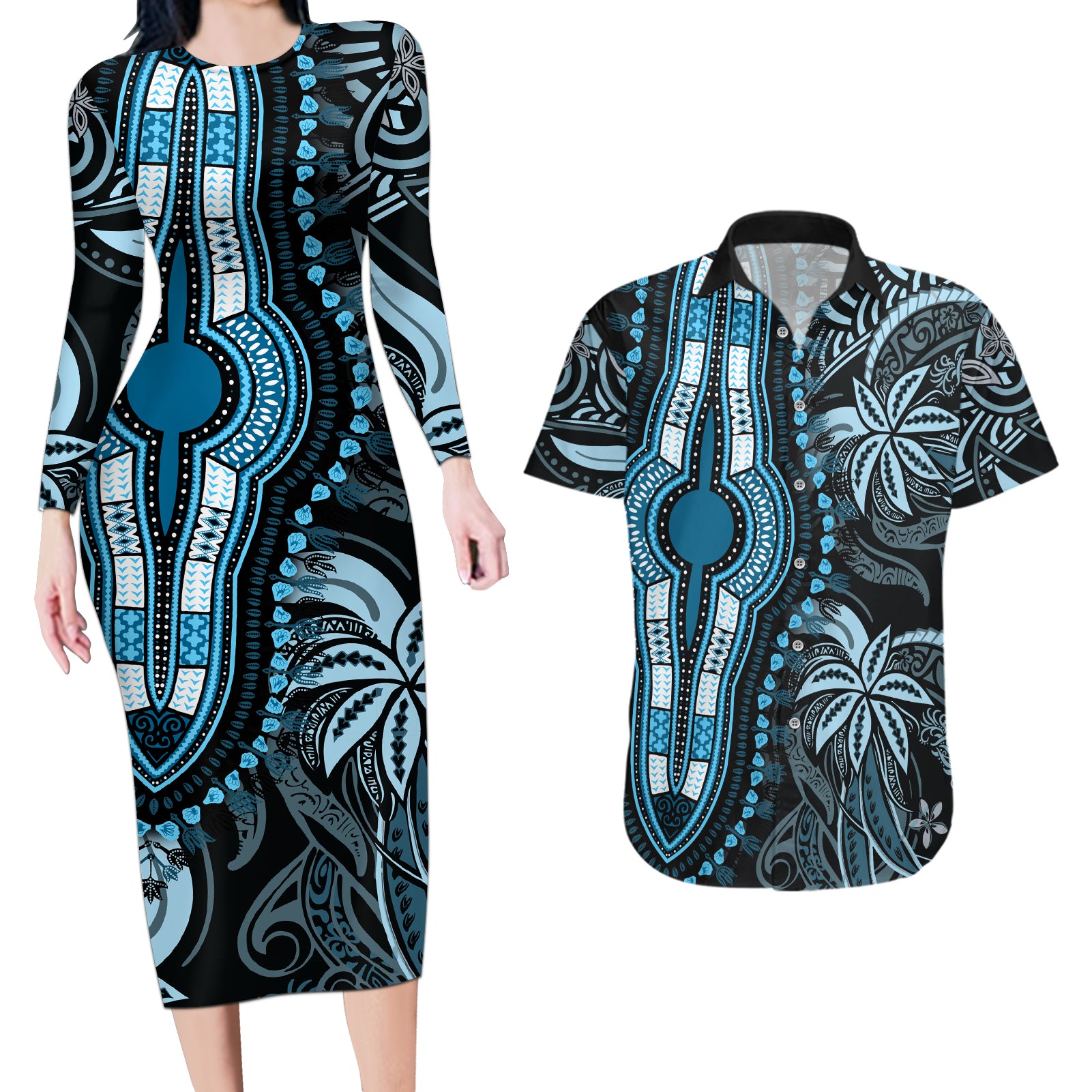 polynesia-dashiki-couples-matching-long-sleeve-bodycon-dress-and-hawaiian-shirt-polynesia-and-africa-traditional-special-together-blue