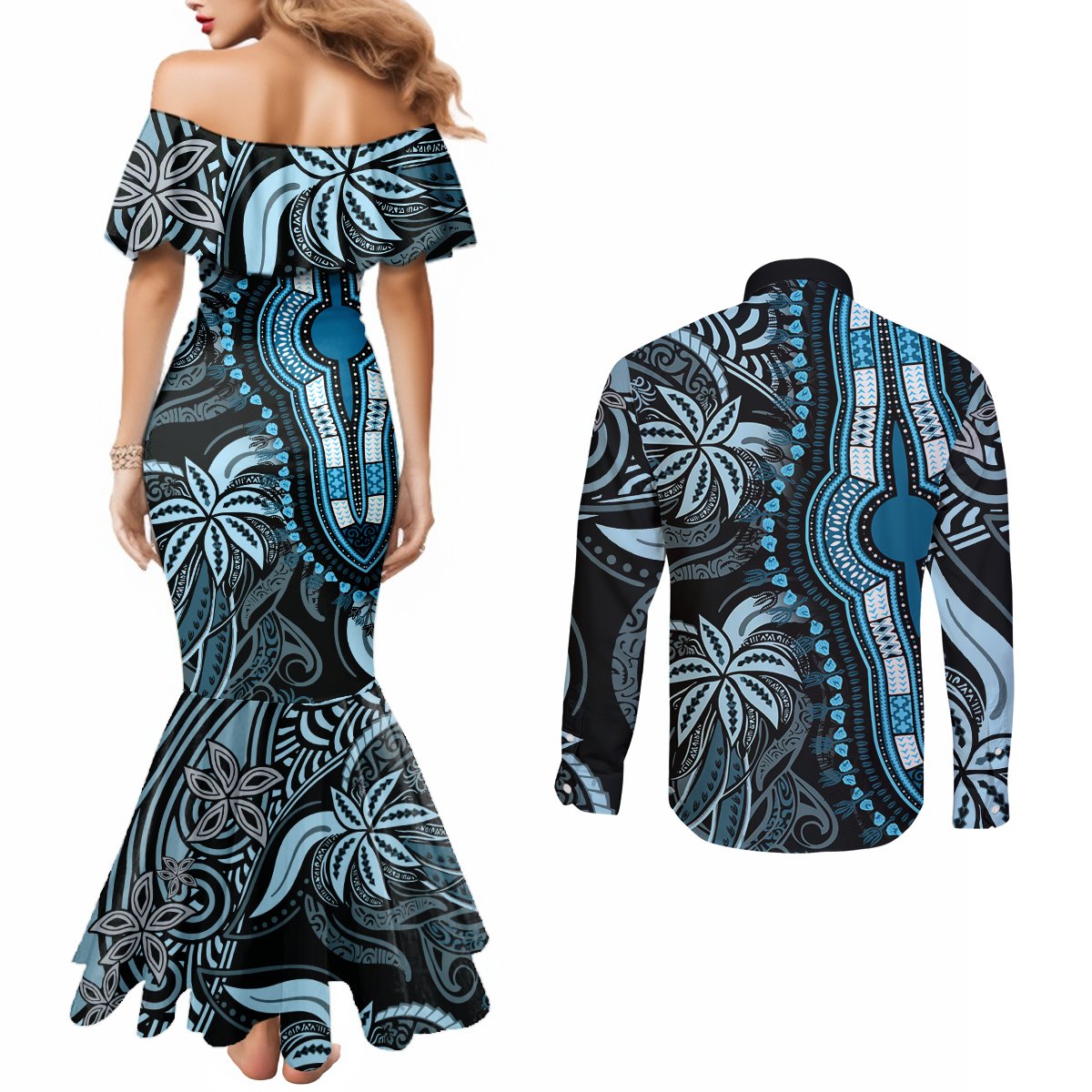Polynesia Dashiki Couples Matching Mermaid Dress and Long Sleeve Button Shirts Polynesia and Africa Traditional Special Together Blue LT9 - Polynesian Pride