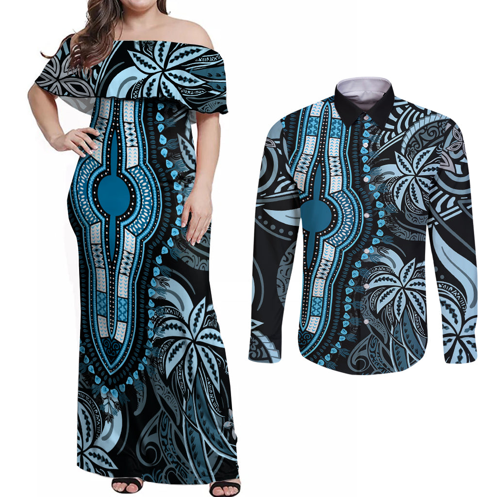 Polynesia Dashiki Couples Matching Off Shoulder Maxi Dress and Long Sleeve Button Shirts Polynesia and Africa Traditional Special Together Blue LT9 Blue - Polynesian Pride