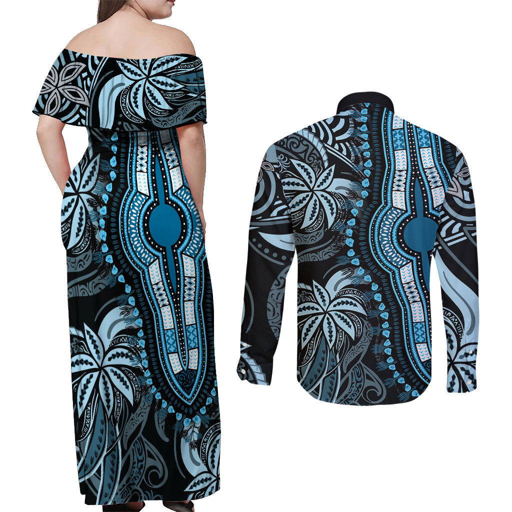 Polynesia Dashiki Couples Matching Off Shoulder Maxi Dress and Long Sleeve Button Shirts Polynesia and Africa Traditional Special Together Blue LT9 - Polynesian Pride