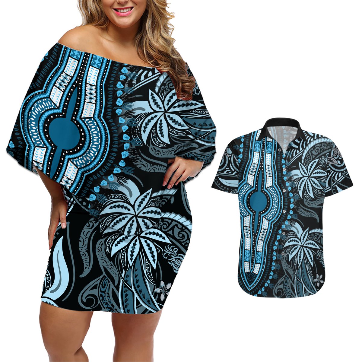 Polynesia Dashiki Couples Matching Off Shoulder Short Dress and Hawaiian Shirt Polynesia and Africa Traditional Special Together Blue LT9 Blue - Polynesian Pride