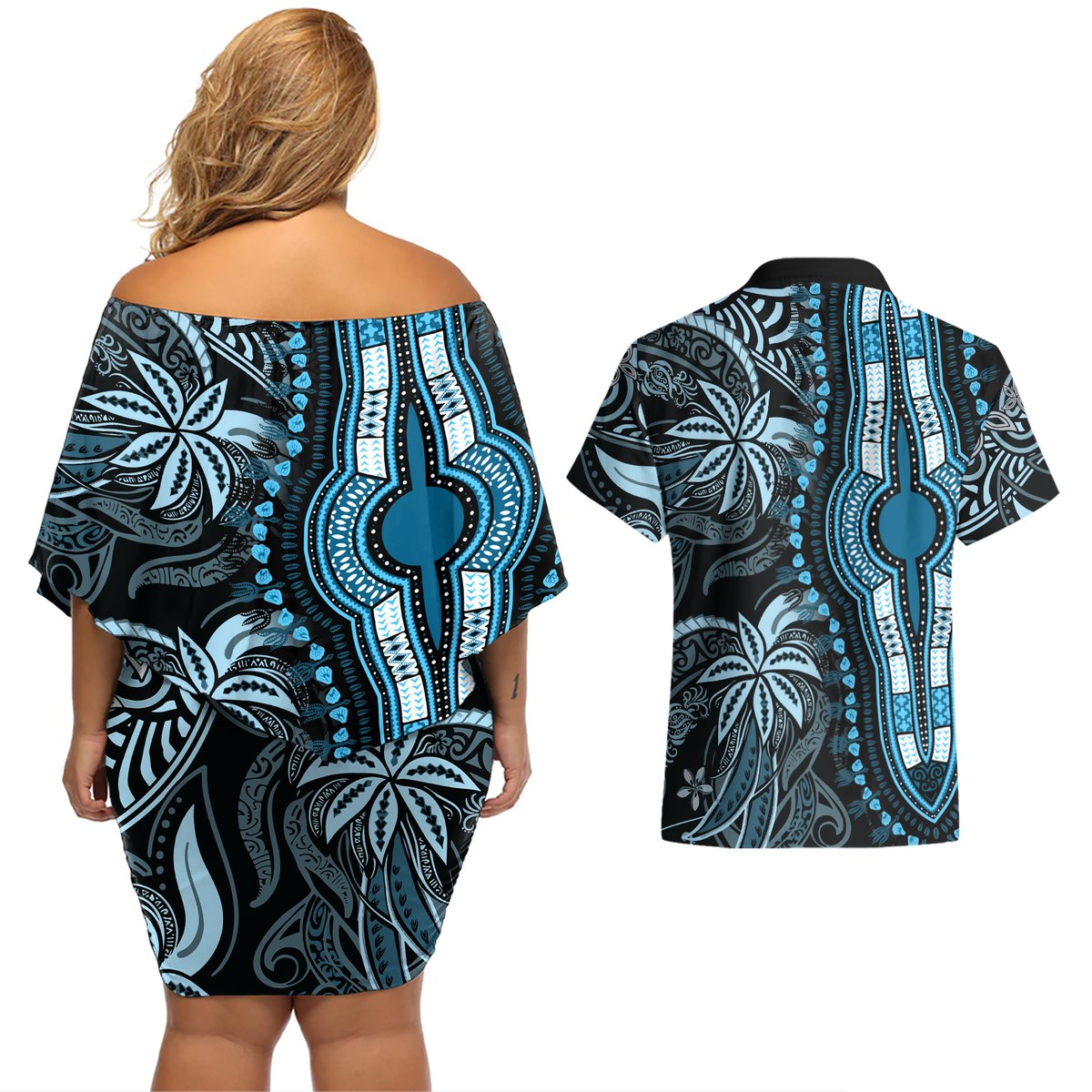 Polynesia Dashiki Couples Matching Off Shoulder Short Dress and Hawaiian Shirt Polynesia and Africa Traditional Special Together Blue LT9 - Polynesian Pride