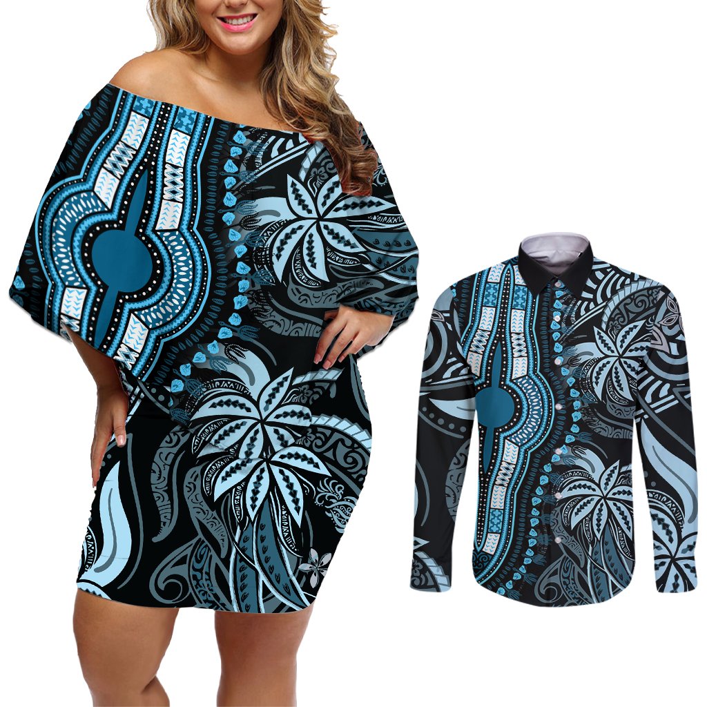 Polynesia Dashiki Couples Matching Off Shoulder Short Dress and Long Sleeve Button Shirts Polynesia and Africa Traditional Special Together Blue LT9 Blue - Polynesian Pride