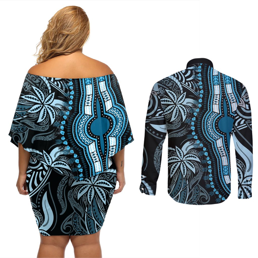 Polynesia Dashiki Couples Matching Off Shoulder Short Dress and Long Sleeve Button Shirts Polynesia and Africa Traditional Special Together Blue LT9 - Polynesian Pride