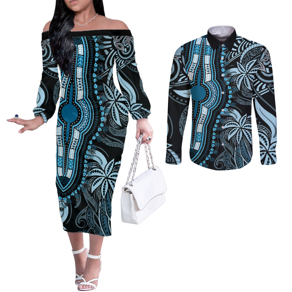 Polynesia Dashiki Couples Matching Off The Shoulder Long Sleeve Dress and Long Sleeve Button Shirts Polynesia and Africa Traditional Special Together Blue LT9 Blue - Polynesian Pride