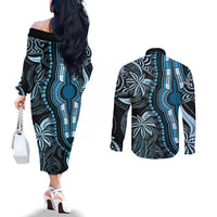 Polynesia Dashiki Couples Matching Off The Shoulder Long Sleeve Dress and Long Sleeve Button Shirts Polynesia and Africa Traditional Special Together Blue LT9 - Polynesian Pride