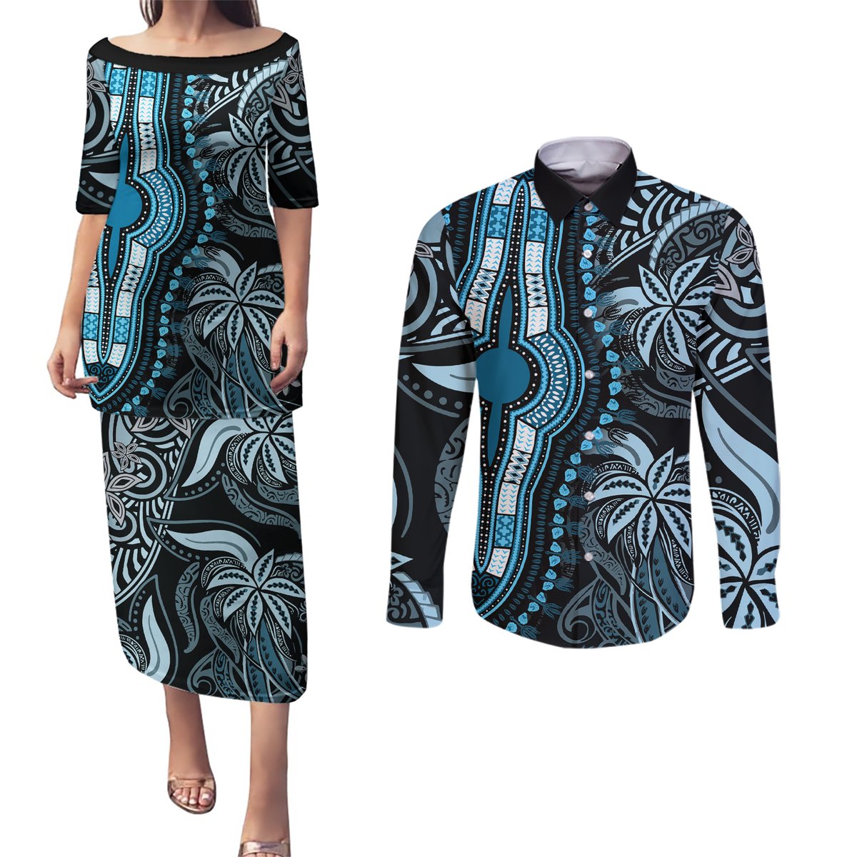 Polynesia Dashiki Couples Matching Puletasi Dress and Long Sleeve Button Shirts Polynesia and Africa Traditional Special Together Blue LT9 Blue - Polynesian Pride