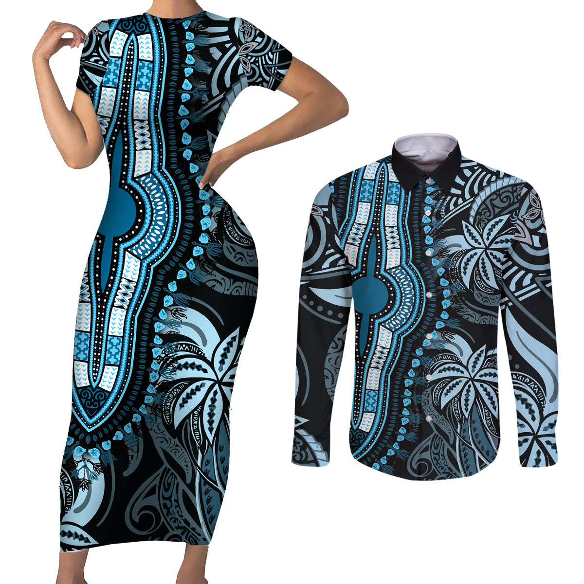 Polynesia Dashiki Couples Matching Short Sleeve Bodycon Dress and Long Sleeve Button Shirts Polynesia and Africa Traditional Special Together Blue LT9 Blue - Polynesian Pride