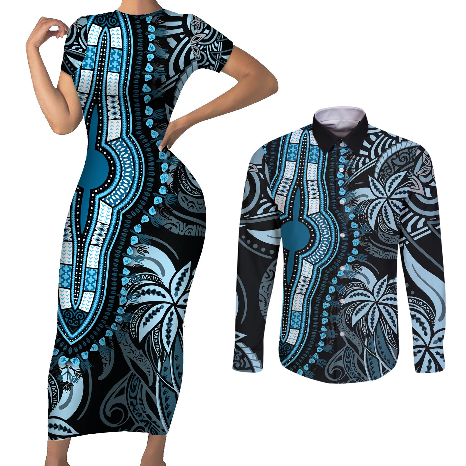 Polynesia Dashiki Couples Matching Short Sleeve Bodycon Dress and Long Sleeve Button Shirts Polynesia and Africa Traditional Special Together Blue LT9 Blue - Polynesian Pride
