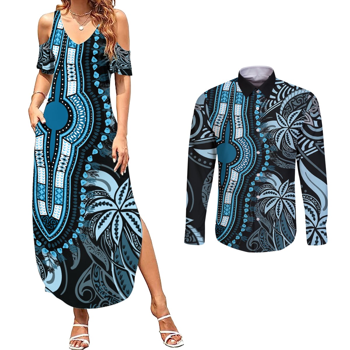 Polynesia Dashiki Couples Matching Summer Maxi Dress and Long Sleeve Button Shirts Polynesia and Africa Traditional Special Together Blue LT9 Blue - Polynesian Pride