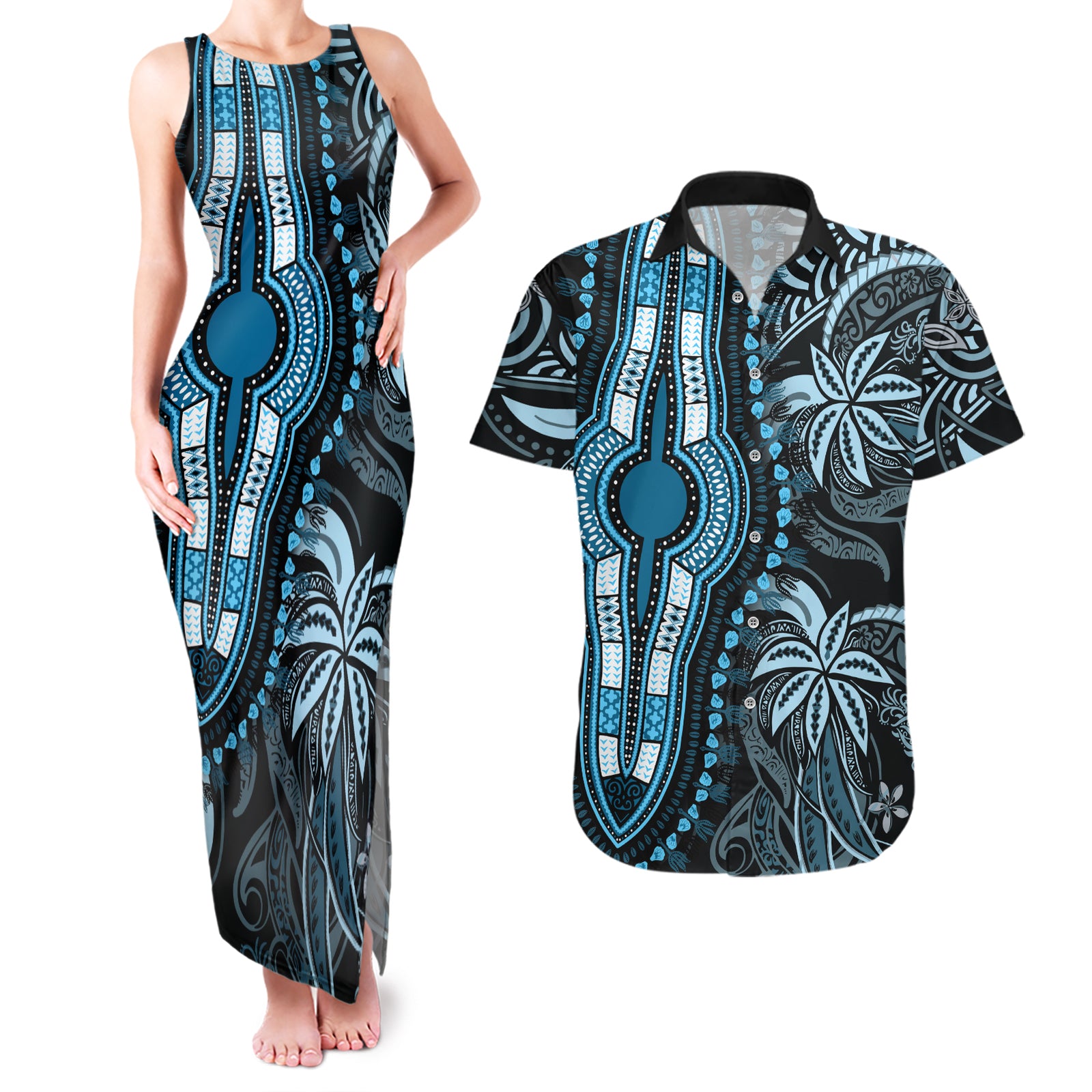Polynesia Dashiki Couples Matching Tank Maxi Dress and Hawaiian Shirt Polynesia and Africa Traditional Special Together Blue LT9 Blue - Polynesian Pride