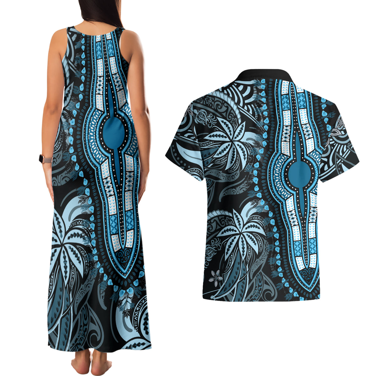 Polynesia Dashiki Couples Matching Tank Maxi Dress and Hawaiian Shirt Polynesia and Africa Traditional Special Together Blue LT9 - Polynesian Pride