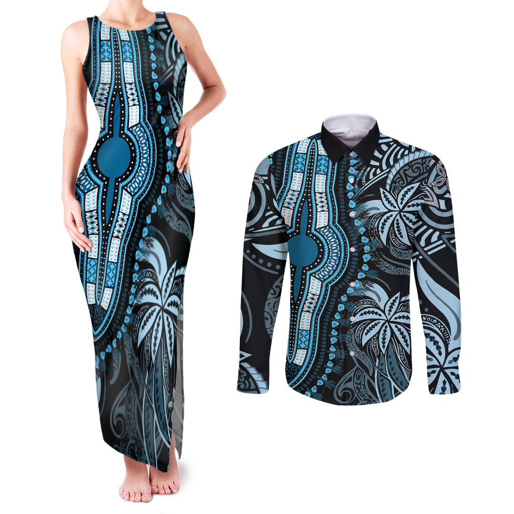 Polynesia Dashiki Couples Matching Tank Maxi Dress and Long Sleeve Button Shirts Polynesia and Africa Traditional Special Together Blue LT9 Blue - Polynesian Pride
