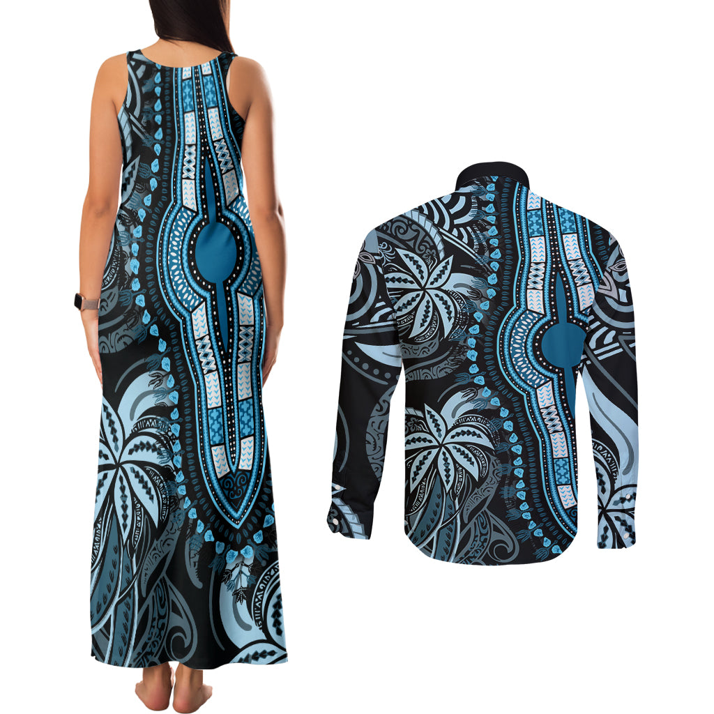 Polynesia Dashiki Couples Matching Tank Maxi Dress and Long Sleeve Button Shirts Polynesia and Africa Traditional Special Together Blue LT9 - Polynesian Pride