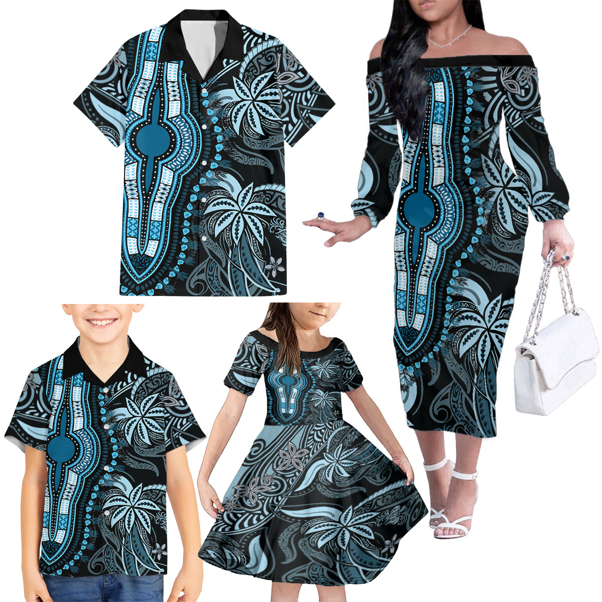 Polynesia Dashiki Family Matching Off Shoulder Long Sleeve Dress and Hawaiian Shirt Polynesia and Africa Traditional Special Together Blue LT9 - Polynesian Pride