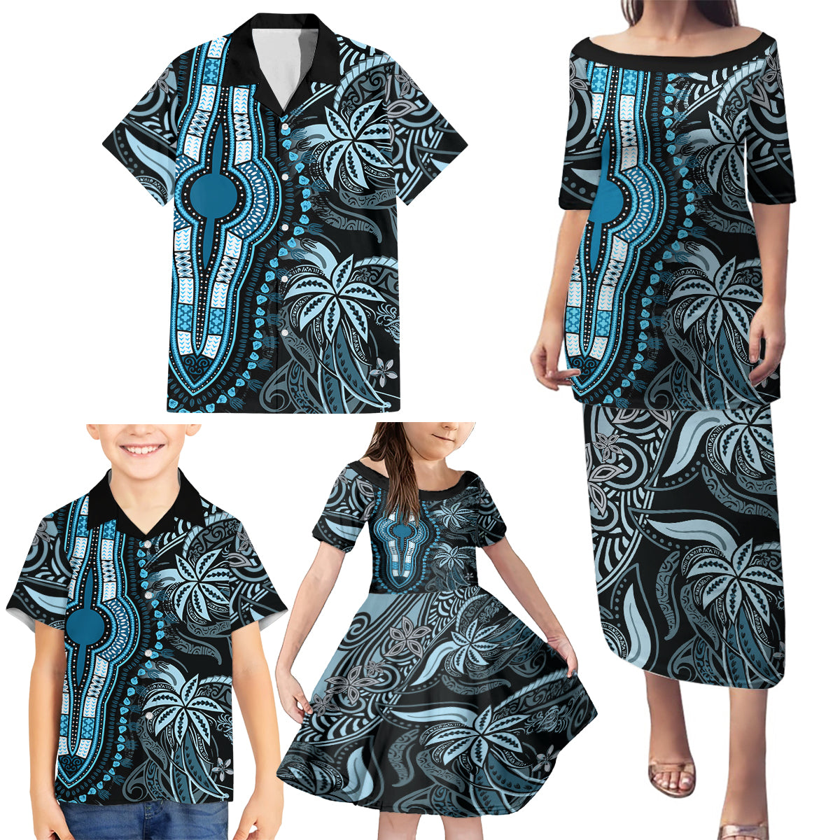 Polynesia Dashiki Family Matching Puletasi Dress and Hawaiian Shirt Polynesia and Africa Traditional Special Together Blue LT9 - Polynesian Pride