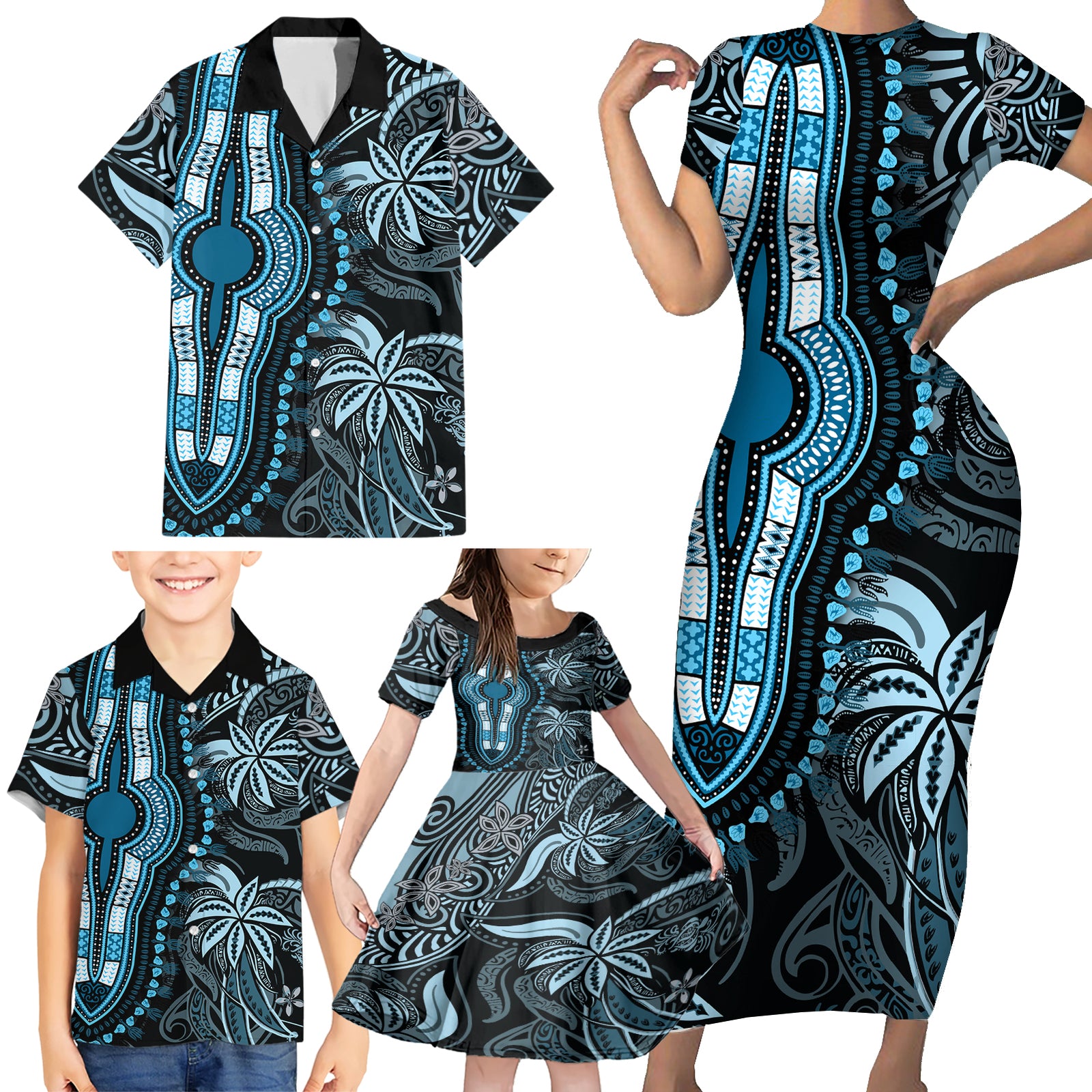 Polynesia Dashiki Family Matching Short Sleeve Bodycon Dress and Hawaiian Shirt Polynesia and Africa Traditional Special Together Blue LT9 - Polynesian Pride