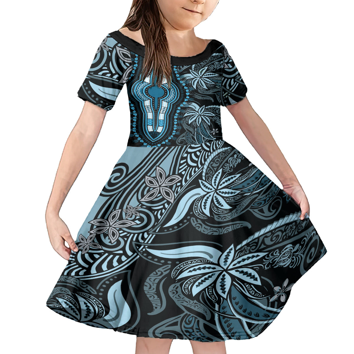 Polynesia Dashiki Family Matching Summer Maxi Dress and Hawaiian Shirt Polynesia and Africa Traditional Special Together Blue LT9 Daughter's Dress Blue - Polynesian Pride