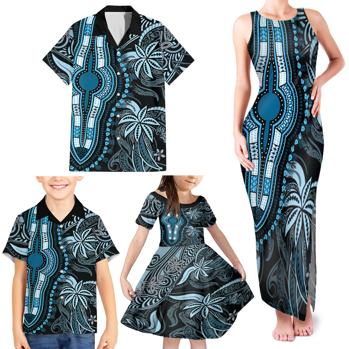 Polynesia Dashiki Family Matching Tank Maxi Dress and Hawaiian Shirt Polynesia and Africa Traditional Special Together Blue LT9 - Polynesian Pride