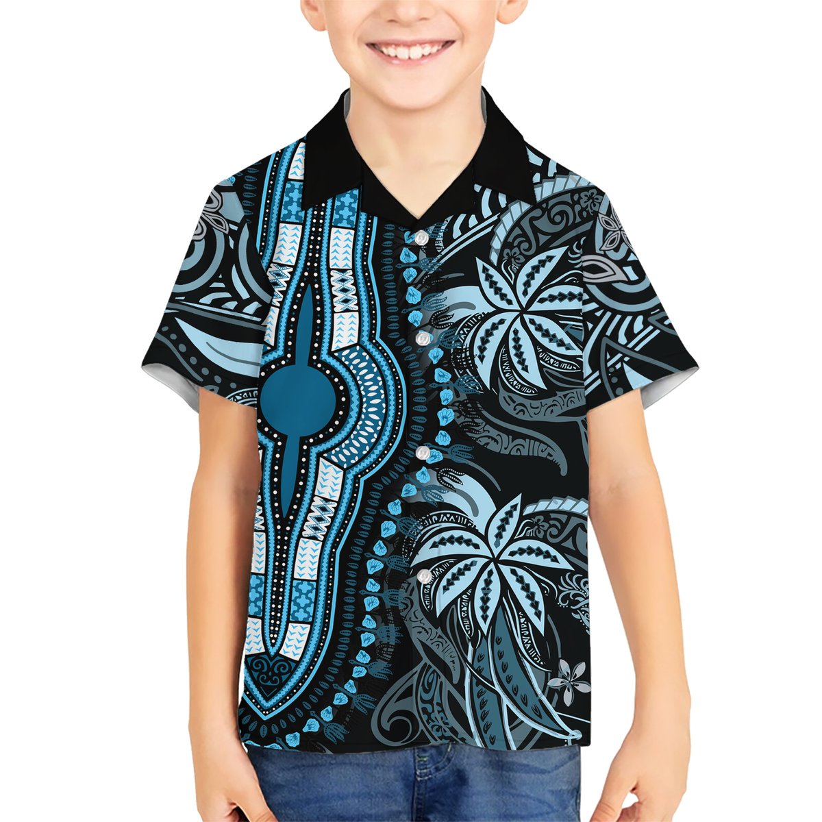 Polynesia Dashiki Hawaiian Shirt Polynesia and Africa Traditional Special Together Blue LT9 - Polynesian Pride
