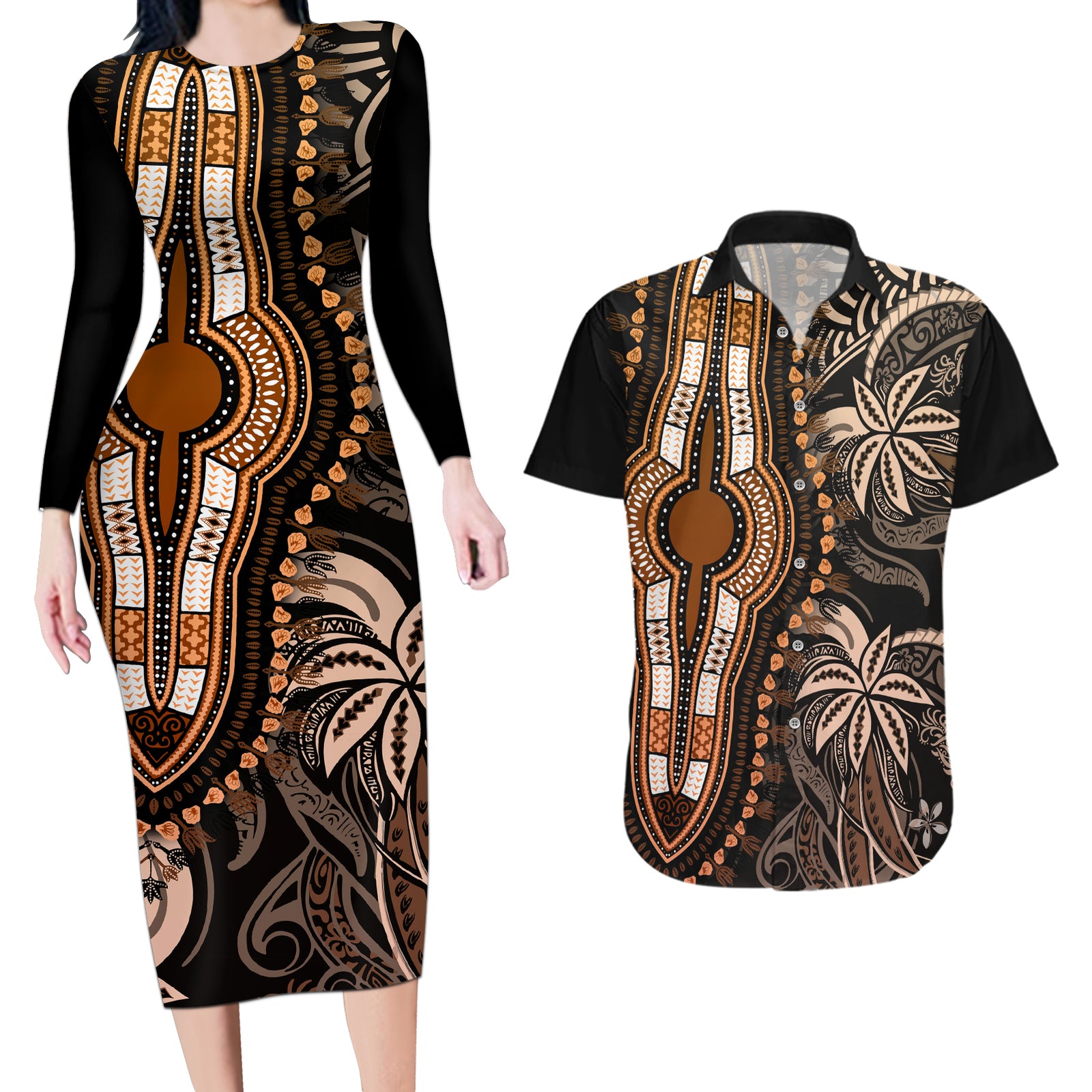 Polynesia Dashiki Couples Matching Long Sleeve Bodycon Dress and Hawaiian Shirt Polynesia and Africa Traditional Special Together Gold LT9 Gold - Polynesian Pride