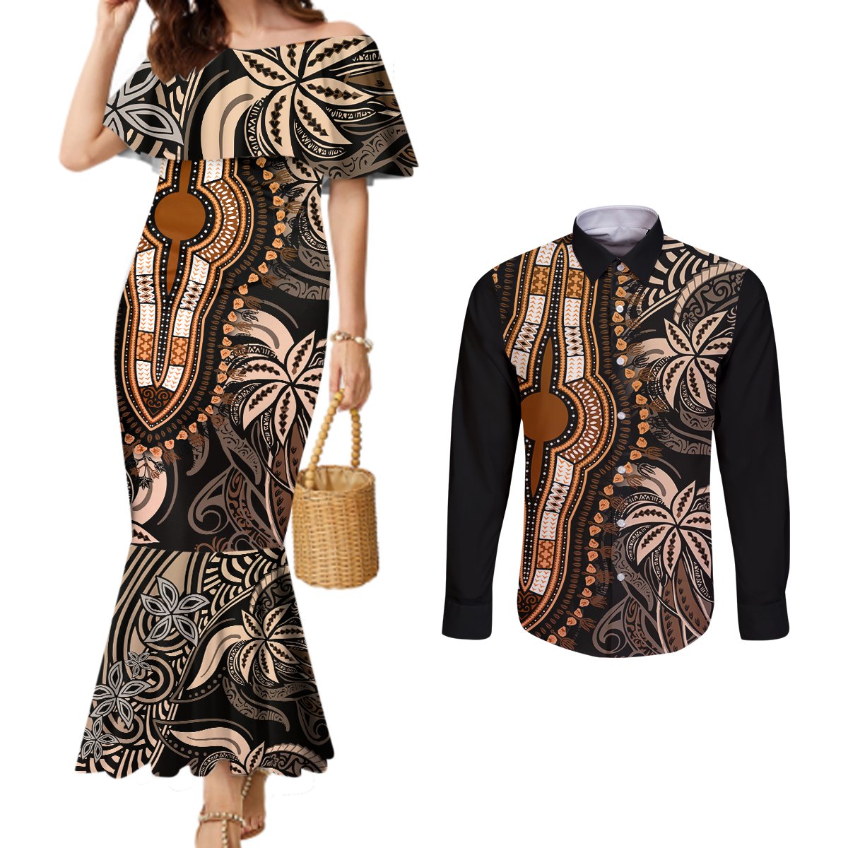 Polynesia Dashiki Couples Matching Mermaid Dress and Long Sleeve Button Shirts Polynesia and Africa Traditional Special Together Gold LT9 Gold - Polynesian Pride