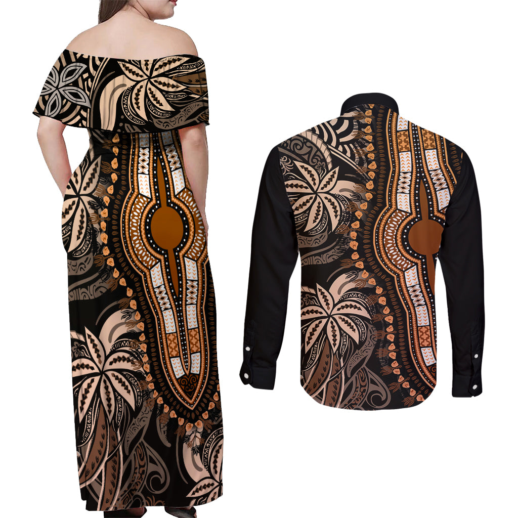 Polynesia Dashiki Couples Matching Off Shoulder Maxi Dress and Long Sleeve Button Shirts Polynesia and Africa Traditional Special Together Gold LT9 - Polynesian Pride