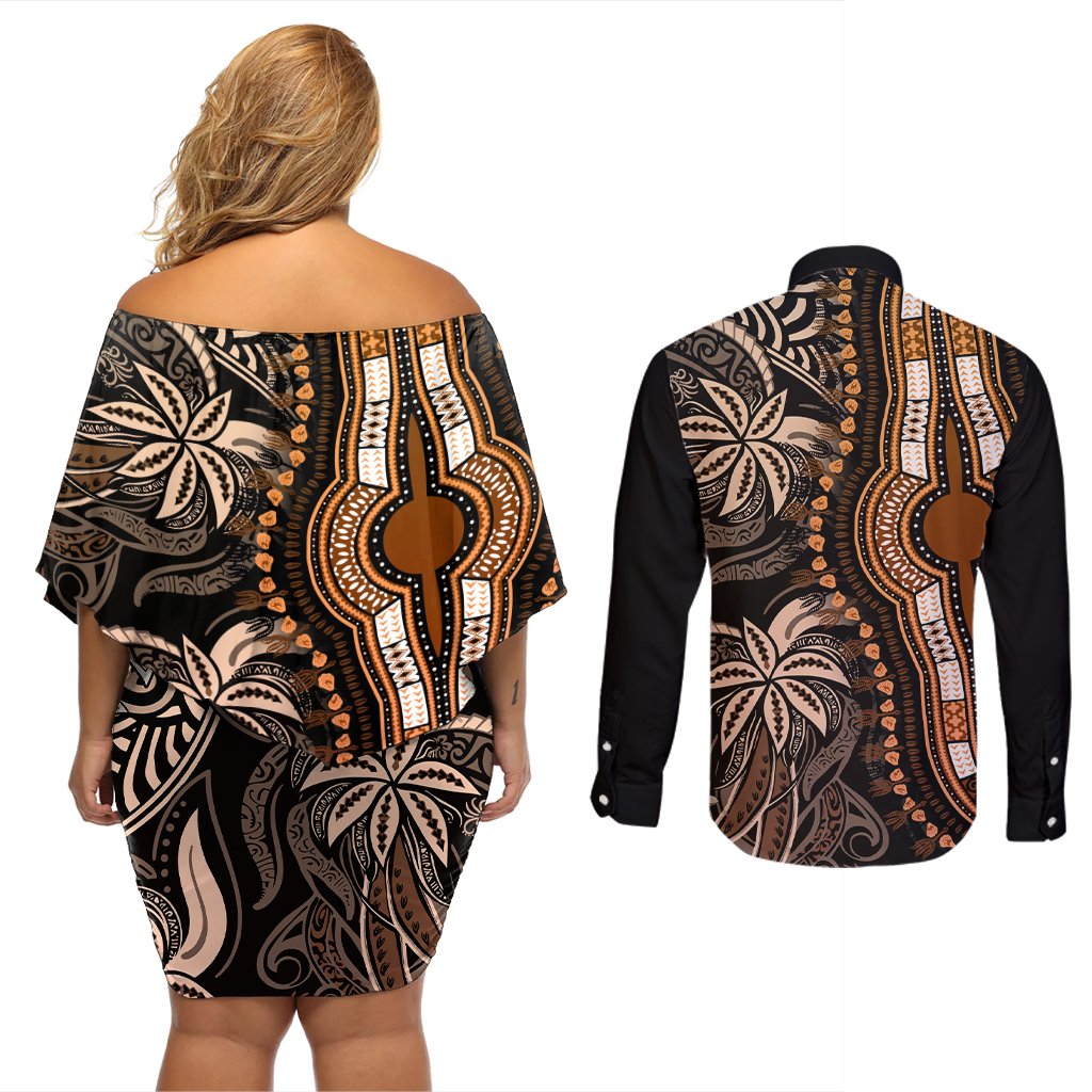 Polynesia Dashiki Couples Matching Off Shoulder Short Dress and Long Sleeve Button Shirts Polynesia and Africa Traditional Special Together Gold LT9 - Polynesian Pride