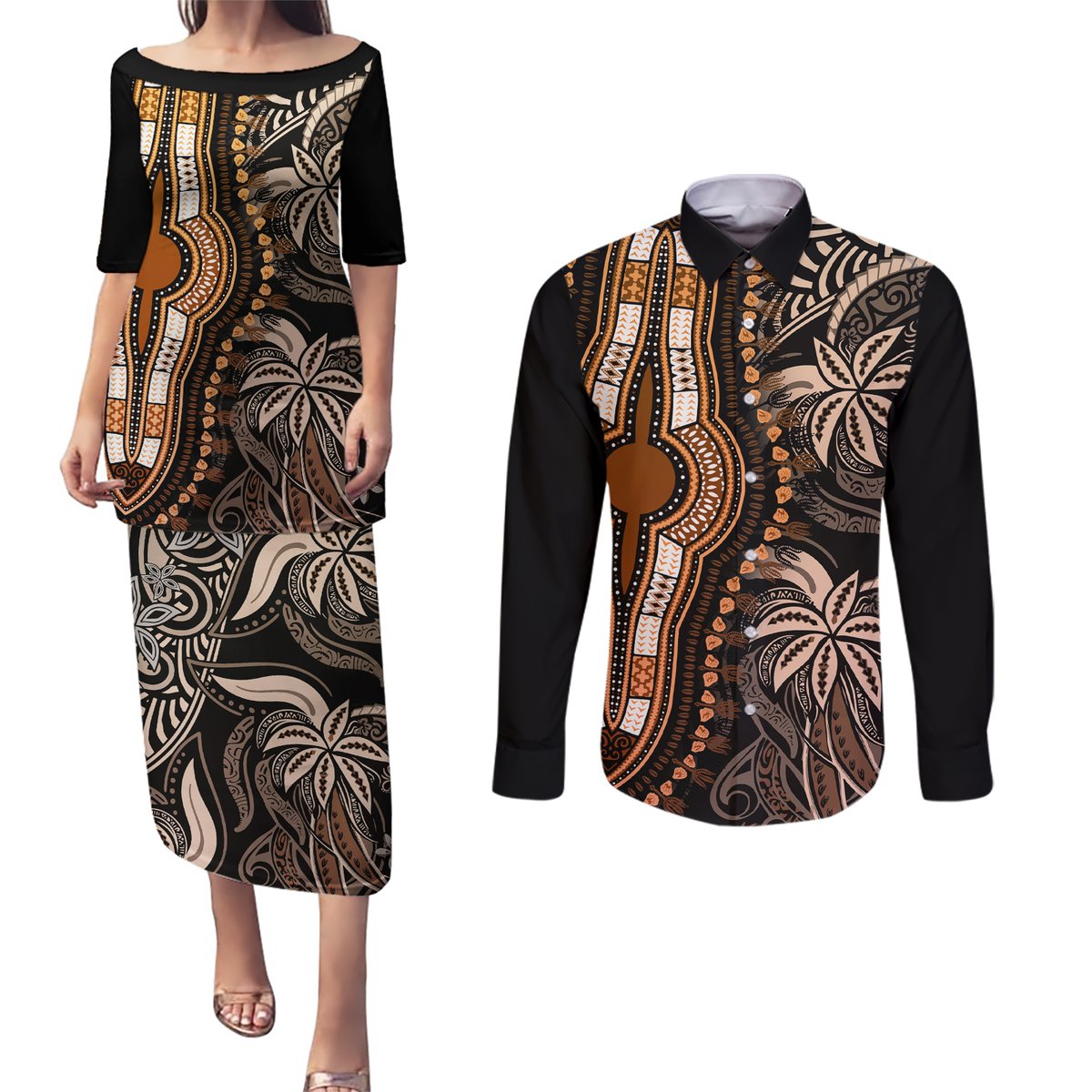 Polynesia Dashiki Couples Matching Puletasi Dress and Long Sleeve Button Shirts Polynesia and Africa Traditional Special Together Gold LT9 Gold - Polynesian Pride
