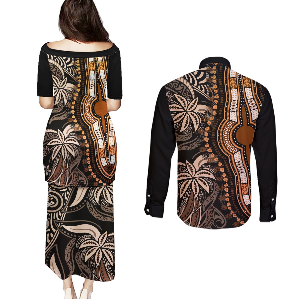 Polynesia Dashiki Couples Matching Puletasi Dress and Long Sleeve Button Shirts Polynesia and Africa Traditional Special Together Gold LT9 - Polynesian Pride