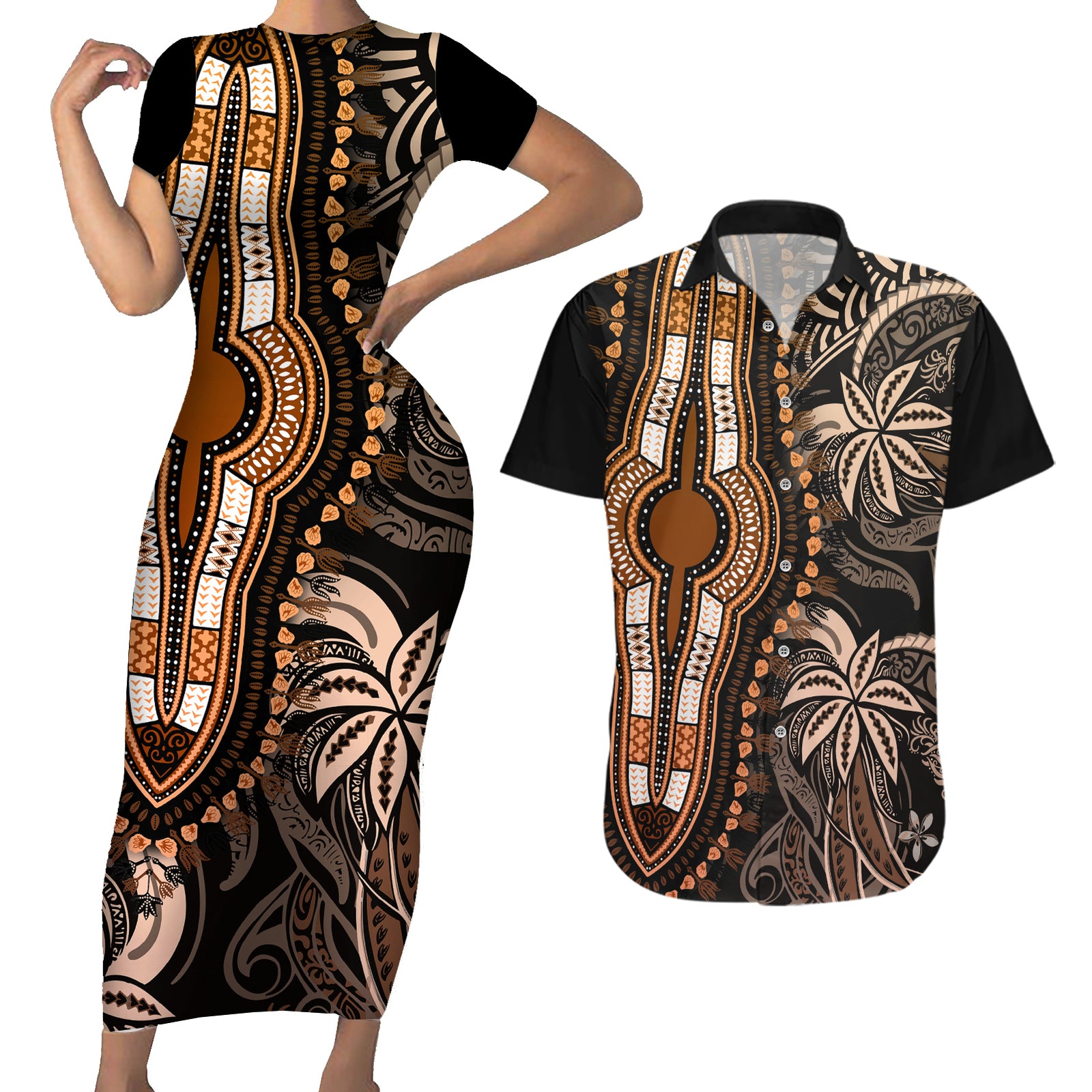 Polynesia Dashiki Couples Matching Short Sleeve Bodycon Dress and Hawaiian Shirt Polynesia and Africa Traditional Special Together Gold LT9 Gold - Polynesian Pride