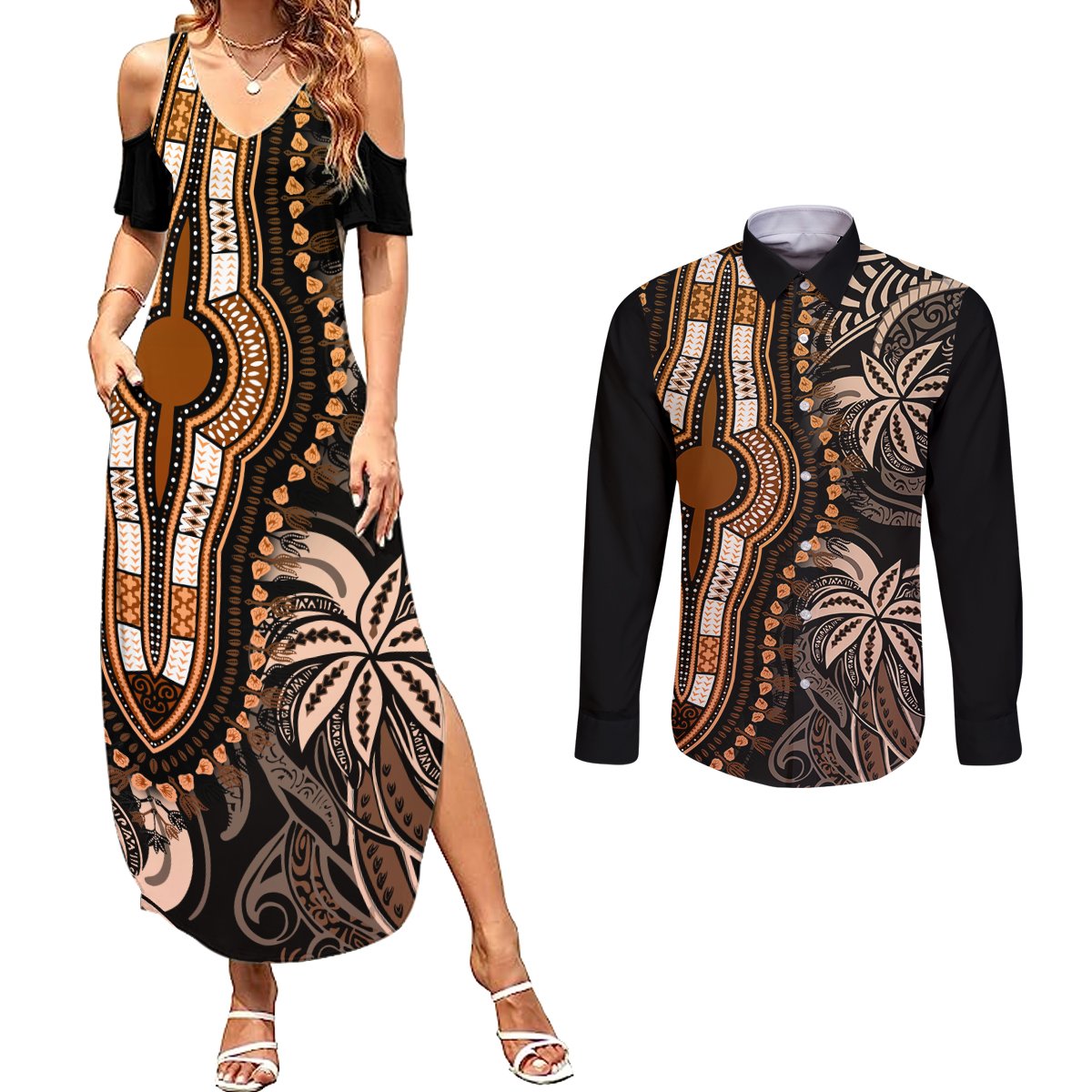 Polynesia Dashiki Couples Matching Summer Maxi Dress and Long Sleeve Button Shirts Polynesia and Africa Traditional Special Together Gold LT9 Gold - Polynesian Pride