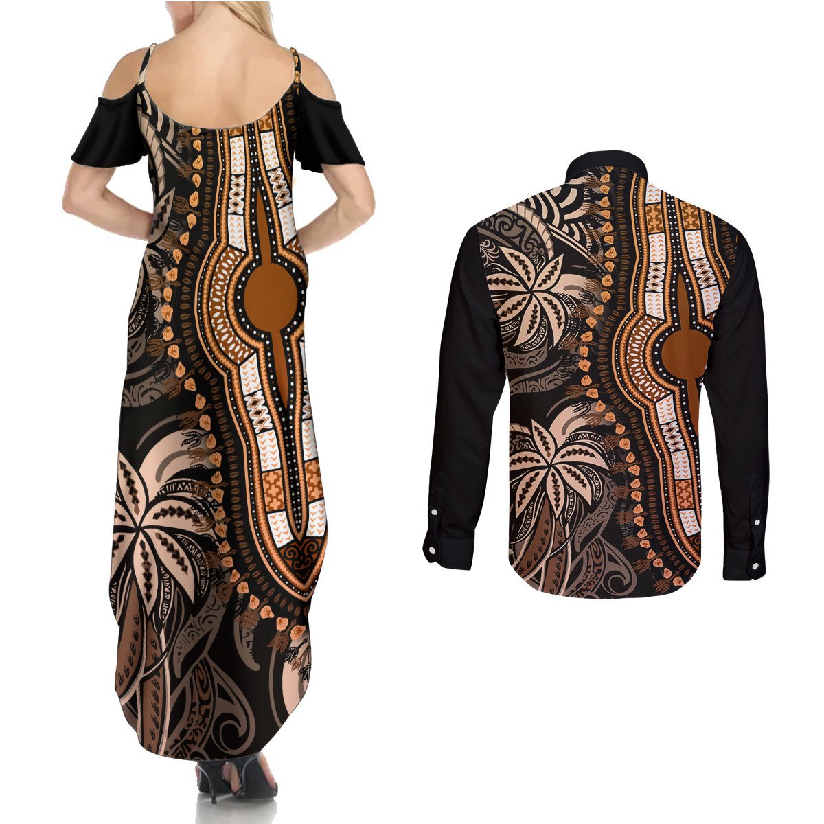 Polynesia Dashiki Couples Matching Summer Maxi Dress and Long Sleeve Button Shirts Polynesia and Africa Traditional Special Together Gold LT9 - Polynesian Pride