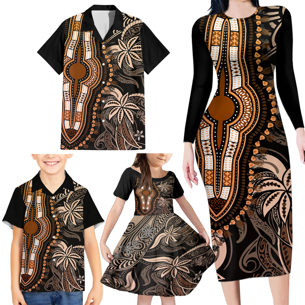 polynesia-dashiki-family-matching-long-sleeve-bodycon-dress-and-hawaiian-shirt-polynesia-and-africa-traditional-special-together-gold