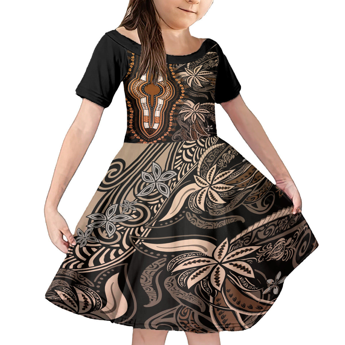 Polynesia Dashiki Family Matching Off Shoulder Maxi Dress and Hawaiian Shirt Polynesia and Africa Traditional Special Together Gold LT9 Daughter's Dress Gold - Polynesian Pride