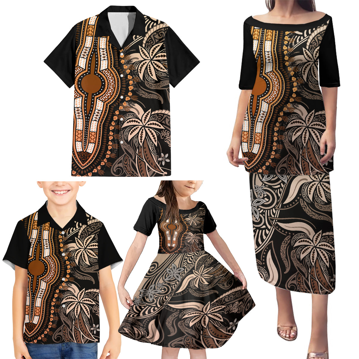 Polynesia Dashiki Family Matching Puletasi Dress and Hawaiian Shirt Polynesia and Africa Traditional Special Together Gold LT9 - Polynesian Pride